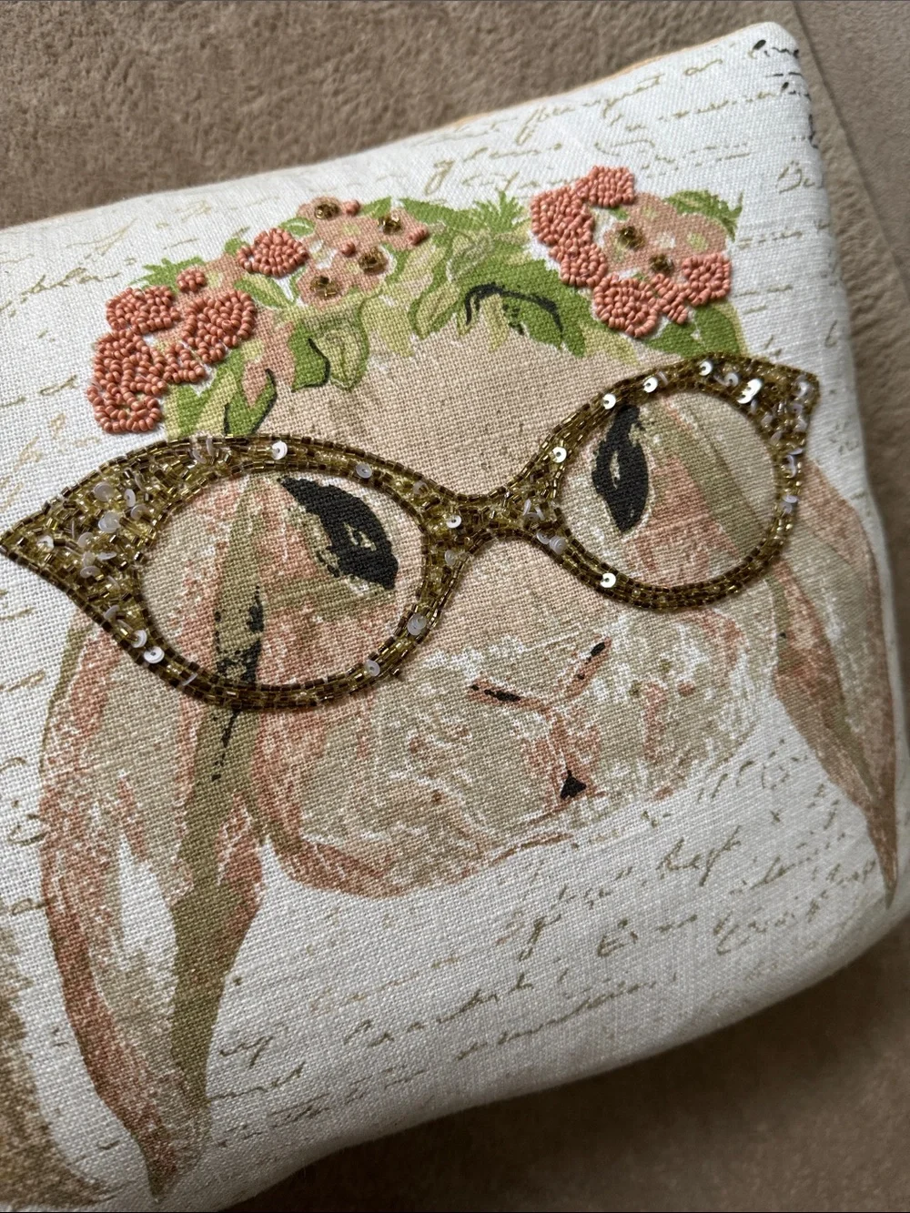 Spring Easter Bunny Pillow Lumbar Beaded Pillow Cute Glasses Bow Tie Rabbit